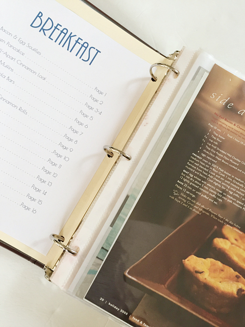 Open recipe binder displaying the table of contents for the breakfast category