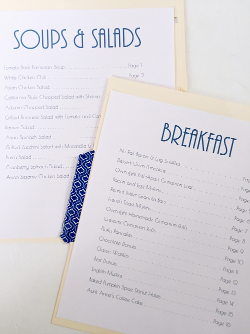 Table of contents pages for each category in recipe binder