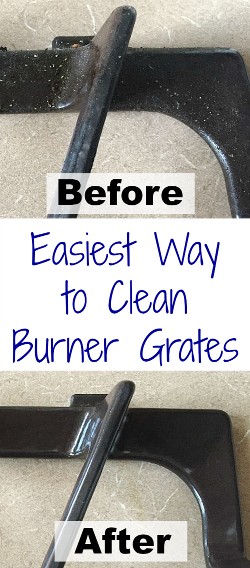 This trick to getting gas stove top grates clean is so easy. Pinterest image: before and after of gas stove top burner grates using easy cleaning trick