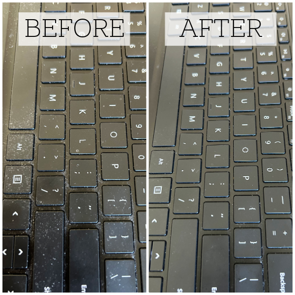 Keyboard before and after dusting with dusting gel