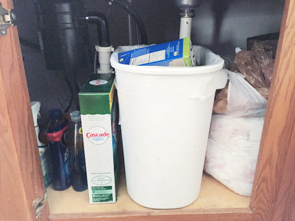 Cluttered area under kitchen sink