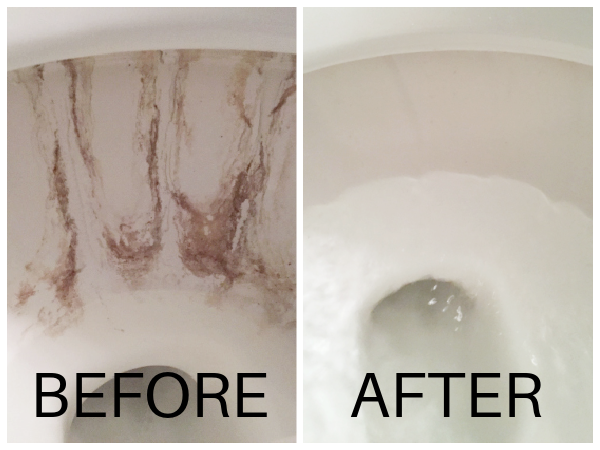 Before and after of toilet bowl stains cleaned with a pumice stone