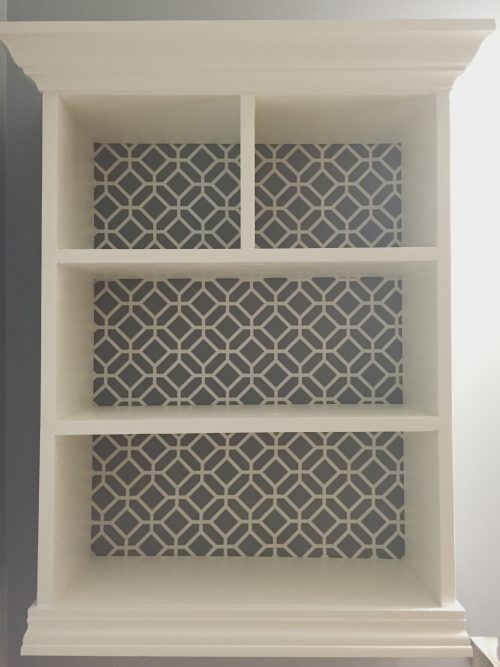 Shelving unit with fabric covered backing for a fun pattern