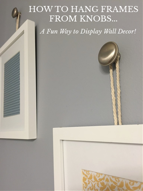 Picture Frames hung from drawer knobs using rope