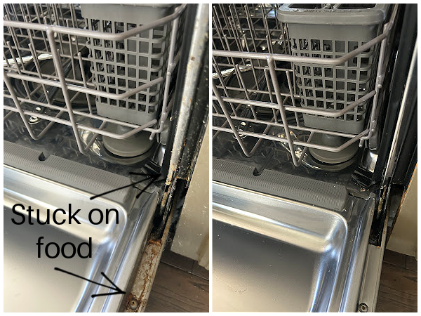 Door and rubber seal on dishwasher before and after cleaning