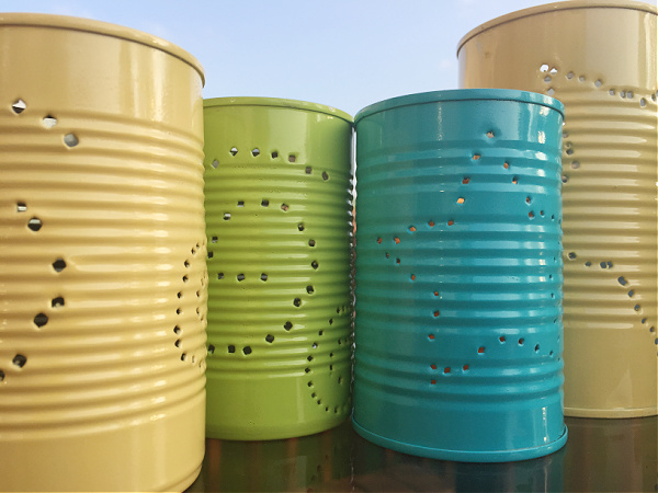 Colorful DIY Tin Can Lanterns on Table