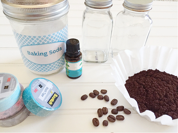 Items needed to make your own Air Freshener: Spice jars, baking soda and essential oil OR fresh coffee grounds.