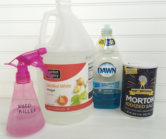 What you need to make a homemade weed killer: vinegar, dish soap, and salt