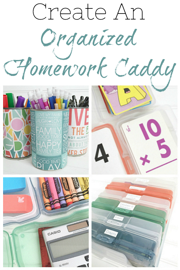 Creating an organized homework caddy to help with homework time at home.