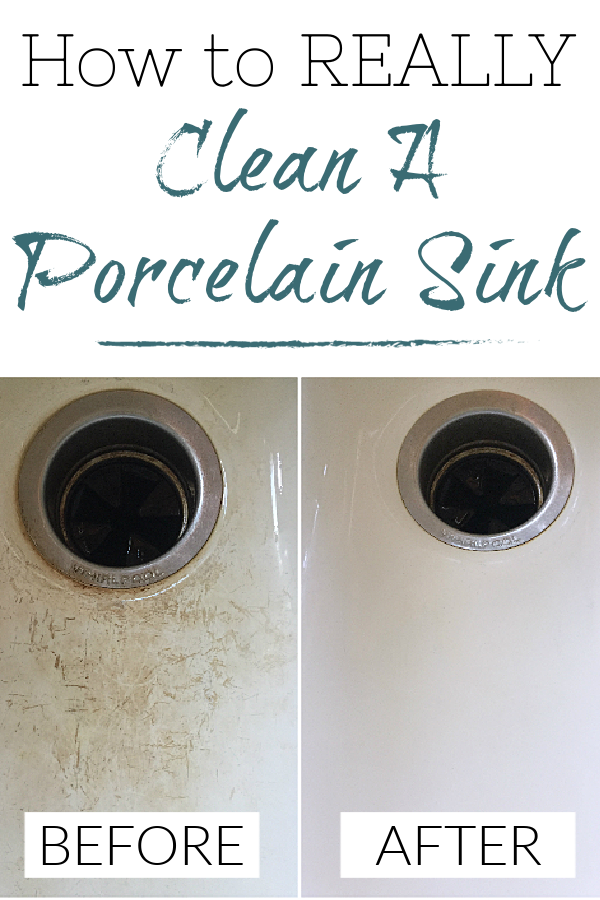 Pinterest image. Before and After showing the easiest way to clean a porcelain sink using only two ingredients you probably have on hand!