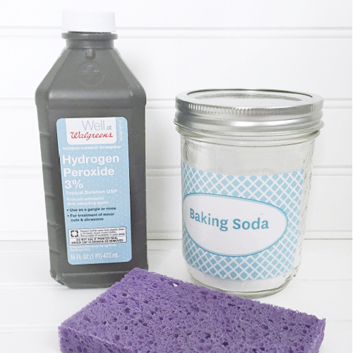 Items needed to clean a porcelain sink: baking soda and hydrogen peroxide