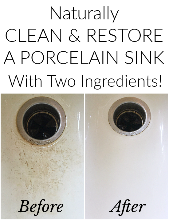 Before and after of porcelain sink cleaned with baking soda and hydrogen peroxide