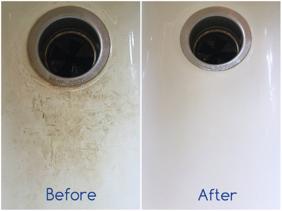 Before and after of porcelain sink cleaned with baking soda and hydrogen peroxide