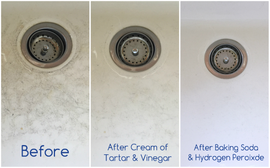 Before and after trying two methods to clean a porcelain sink