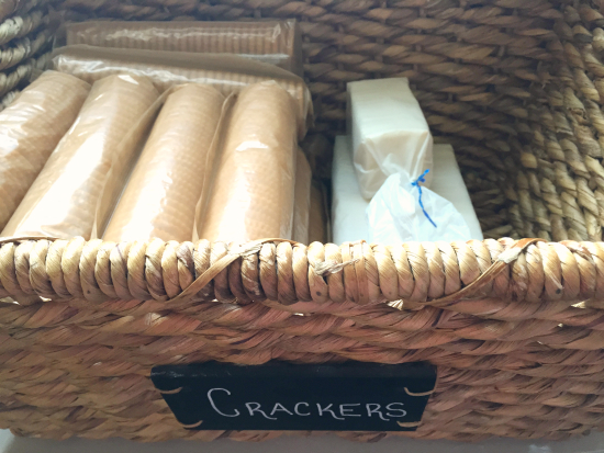 Packaged crackers stored in a basket