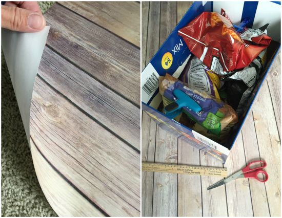 Boxes wrapped in wood print paper to store chips and other snacks