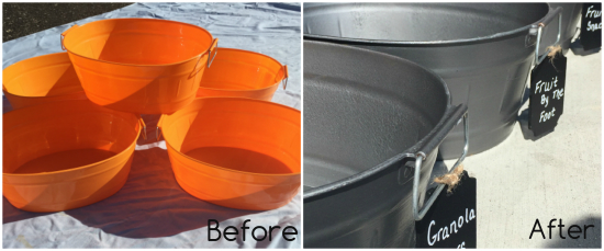 Before and After of bright orange dollar store bins turned to faux metal pantry bins using spray paint 