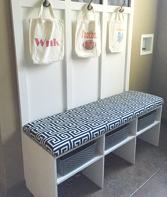 Mudroom Makeover View of DIY Bench and Bench Cushion