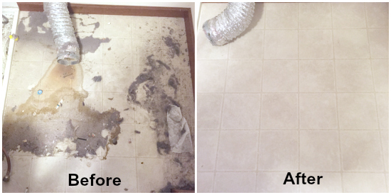 Floor under dryer before and after cleaning