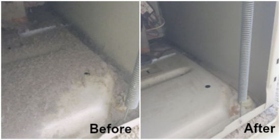 Before and After of the dryer being cleaned under the front panel