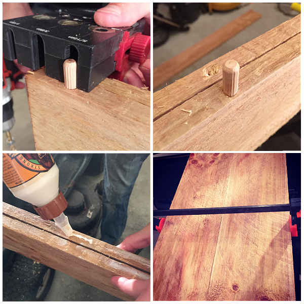 Collage of images showing the use of dowels and wood glue to connect wood fence posts to create a faux wood shelf