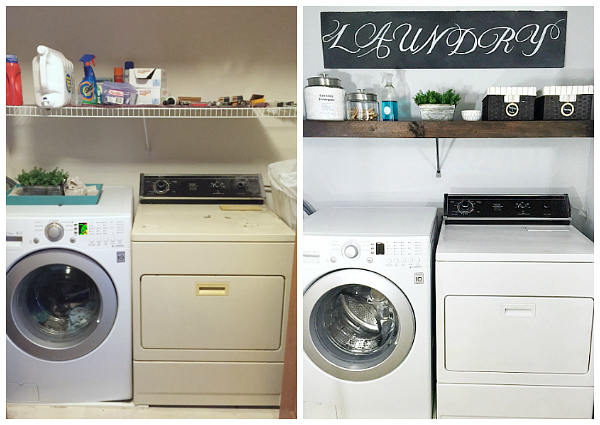 Before and After collage of laundry room redone for $80. Left (Before)- Messy laundry room closet with mismatched washer and dryer. Wire Shelving above appliances Right (After)- Matching appliances and a faux wood shelf overlay 