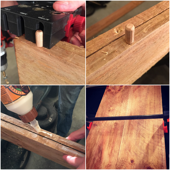 Image collage showing the wood dowels being placed, then gluing the posts together and clamping them while they dry