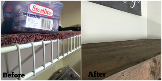 Before and After of shelving in the laundry room. Before: wire shelving. After: Wood overlay