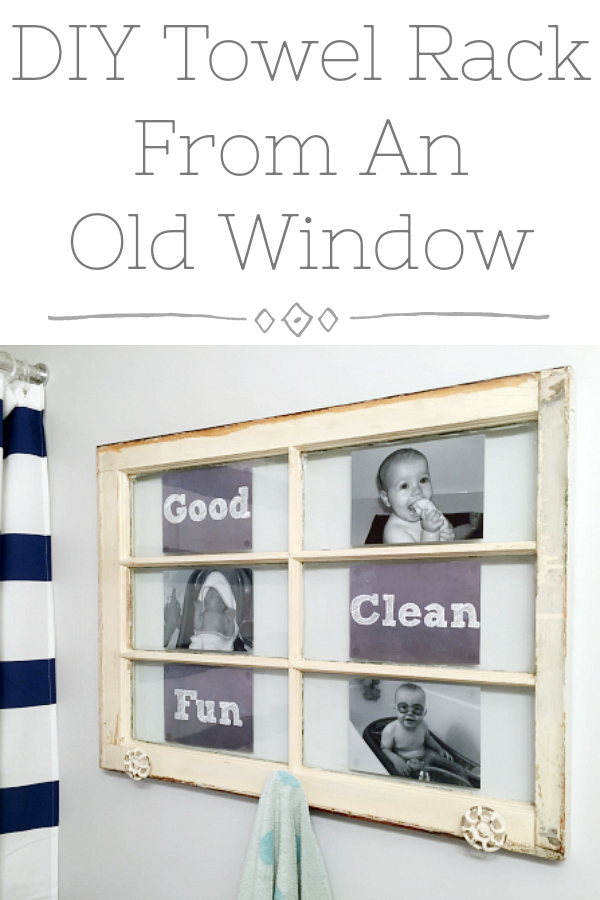 An old window becomes a cute towel rack for this kids' bathroom makeover. Love that the post also discusses how to test for lead based paint.