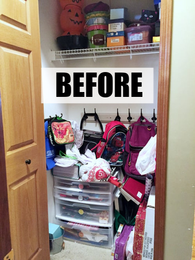 Messy cleaning closet prior to makeover