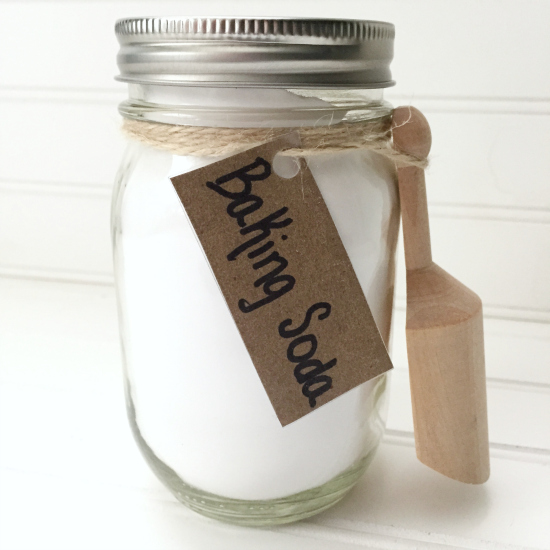Mason Jar filled with baking soda, and labeled
