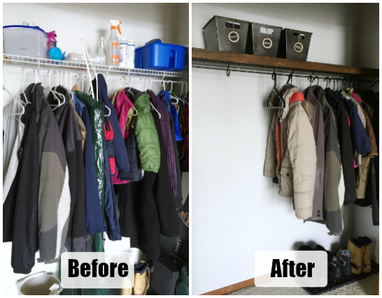 Before and after of a coat closet makeover