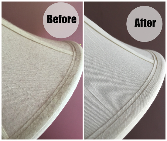 Before and after showing how well a lint roller works to clean and remove dust from lamp shades