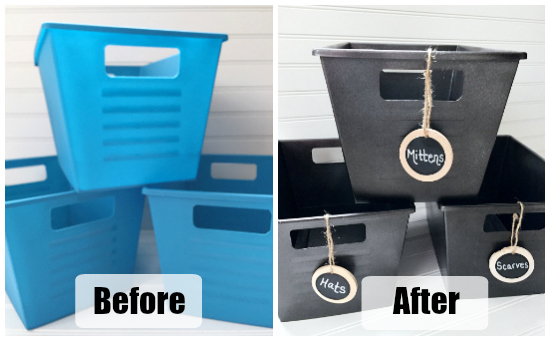 Before and after of bright blue dollar store bins turned to faux metal storage bins for the coat closet