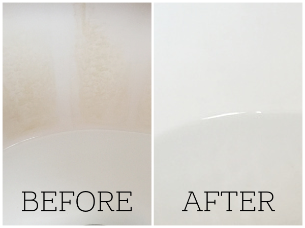 Stained toilet bowl before and after cleaning