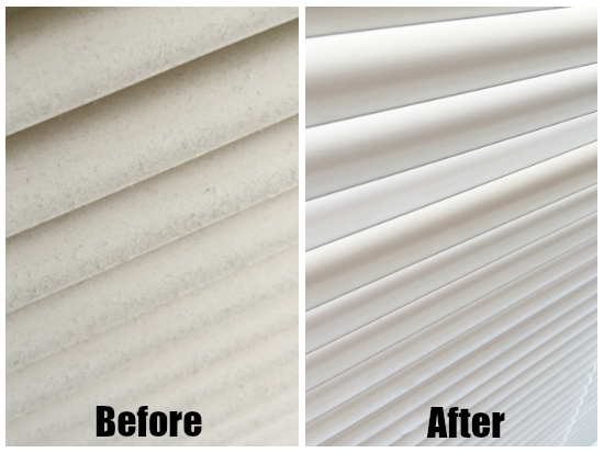 Before and After images showing how well it works to clean plastic mini blinds using soap and water