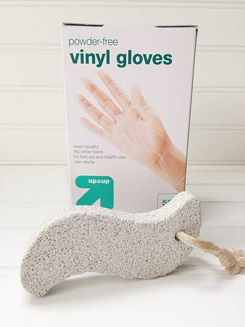 Items needed to remove brown toilet stains: gloves & pumice stone