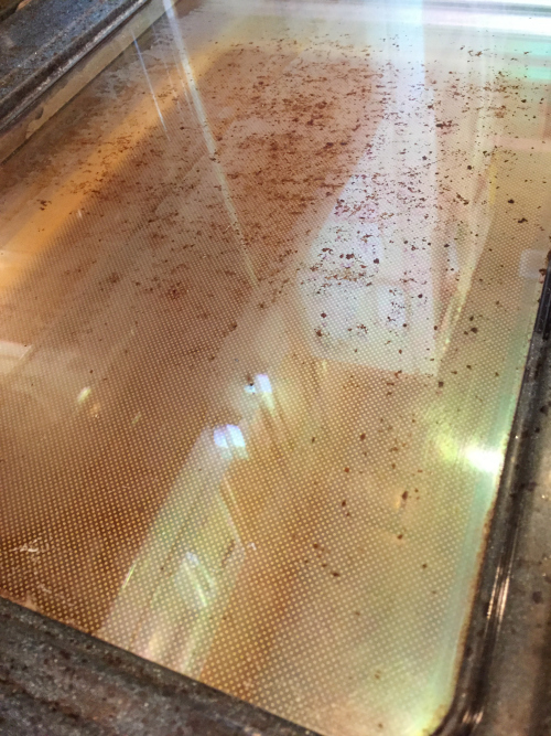 Section of brown stains remain on oven door after cleaning