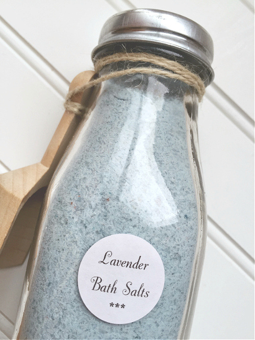 Homemade Lavender Bath Salt in Glass Milk Jar with wooden scoop