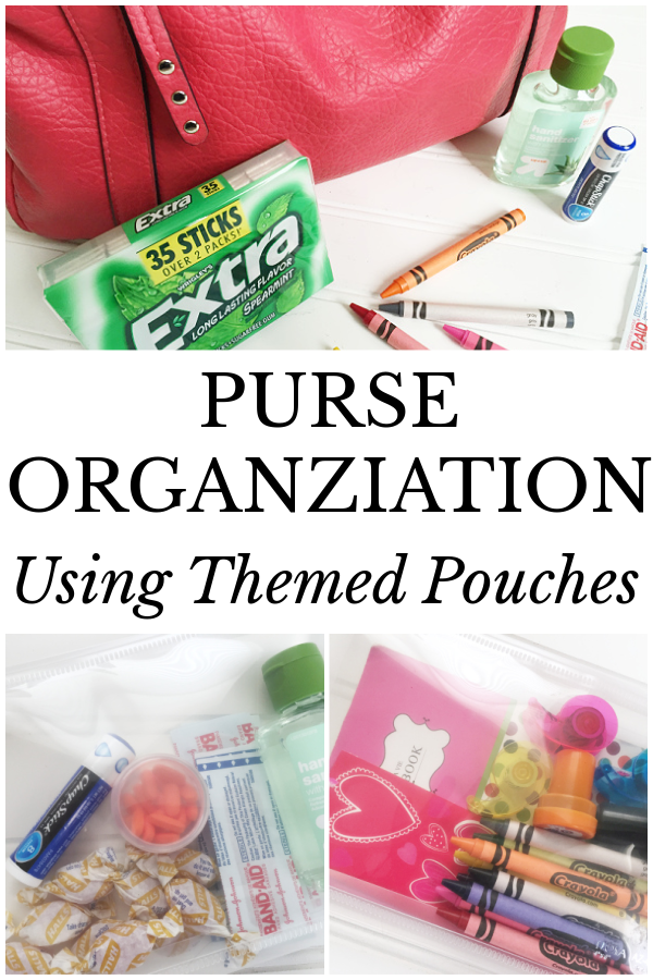 Organize your handbag using themed pouches such as a mini first aid kit and items to entertain your kids