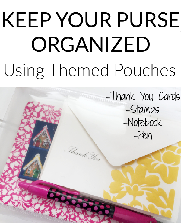 A clear pouch containing stamps, a small notebook, thank you card and pen to keep a purse organized