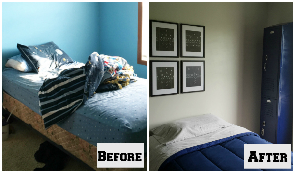 Before and After of boy's football themed bedroom: Bed and locker dresser