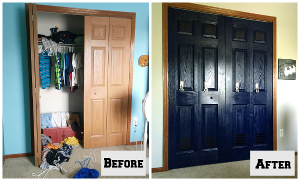 Before and After of boy's football themed bedroom: Closet