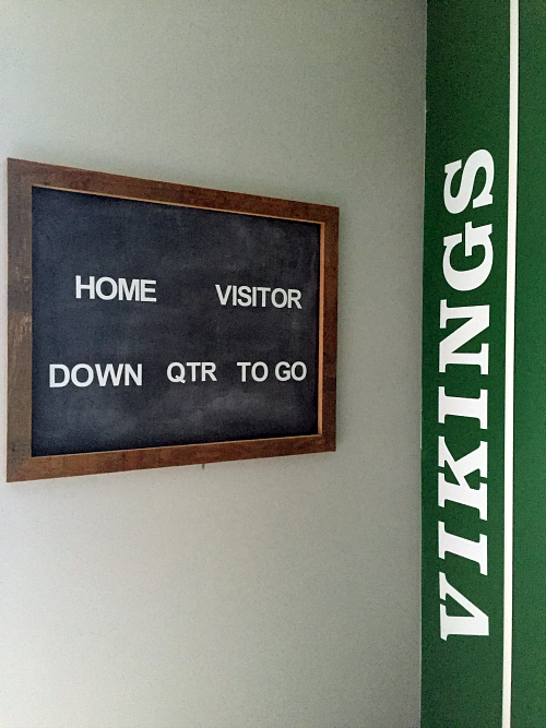 Football Bedroom Reveal showing close-up of chalkboard scoreboard