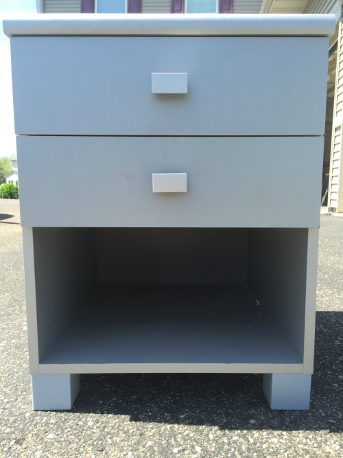 Outdated gray nightstand bought at Goodwill for $5