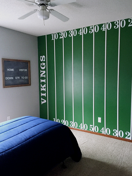 Boy's Football Bedroom Makeover displaying a football field wall and chalkboard scoreboard