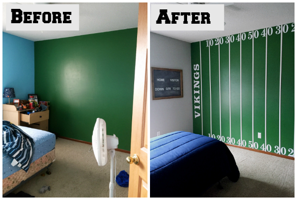 Before and After of boy's football themed bedroom: Football field wall