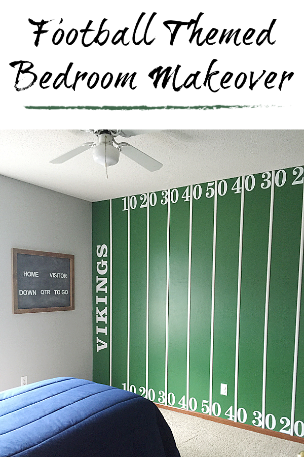 This football bedroom has so many amazing ideas including a football field wall, a locker dresser, a locker bay closet, and more. Great ideas for a football loving child or man-cave.