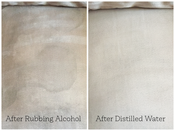 Section of a microfiber couch after cleaning with just rubbing alcohol compared to cleaning with rubbing alcohol and distilled water.