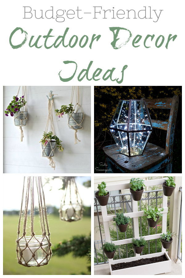 So many budget friendly ideas for decorating outdoor spaces; including lots of ideas for planters and lighting.